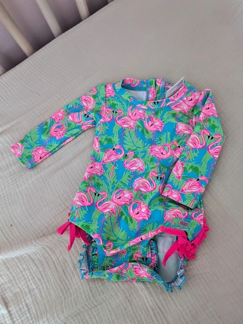 RuffleButts Long Sleeve One Piece Rash Guard Swimsuit Flamingo One-Piece